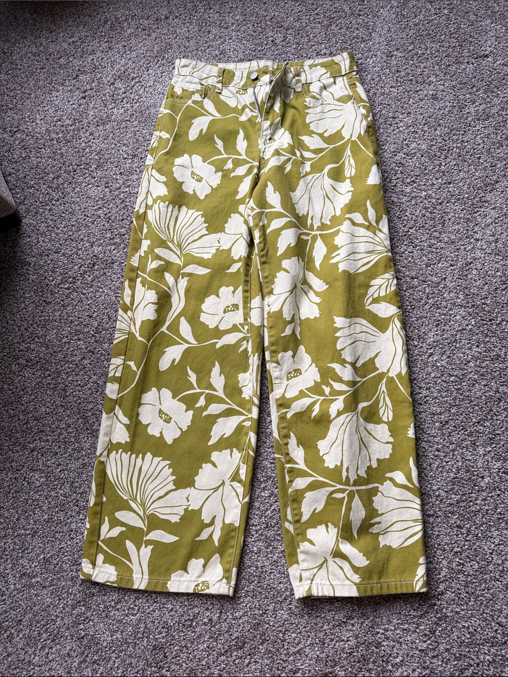 Hem & Thread Olive Green Floral Wide-Leg Pants